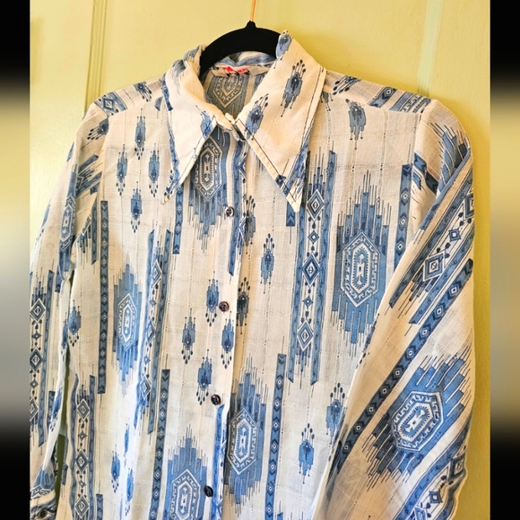 Vintage 70s Navajo Aztec print western blue white button up cowgirl rideo shirt - Picture 5 of 11